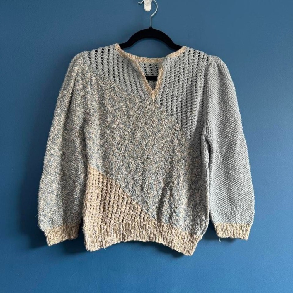 Handmade Knit Sweater Women's Size Small Blue Tan Notch Neck Cottagecore Twee